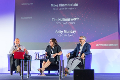 Tim Hollingsworth and Sally Munday on stage at the Beyond the Games conference 2022